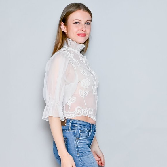 VINTAGE 70s White Organza Embroidered High-Neck Blouse XS - Picture 4 of 12